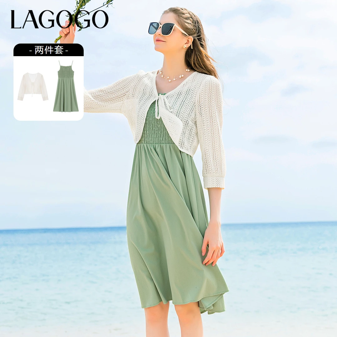 Lagogo拉谷谷新款清爽精致镂空设计感女MALL833C46宽松连衣裙