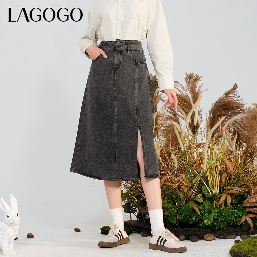 Lagogo新款舒适高腰开叉显瘦半身裙女MCBB339A82牛仔