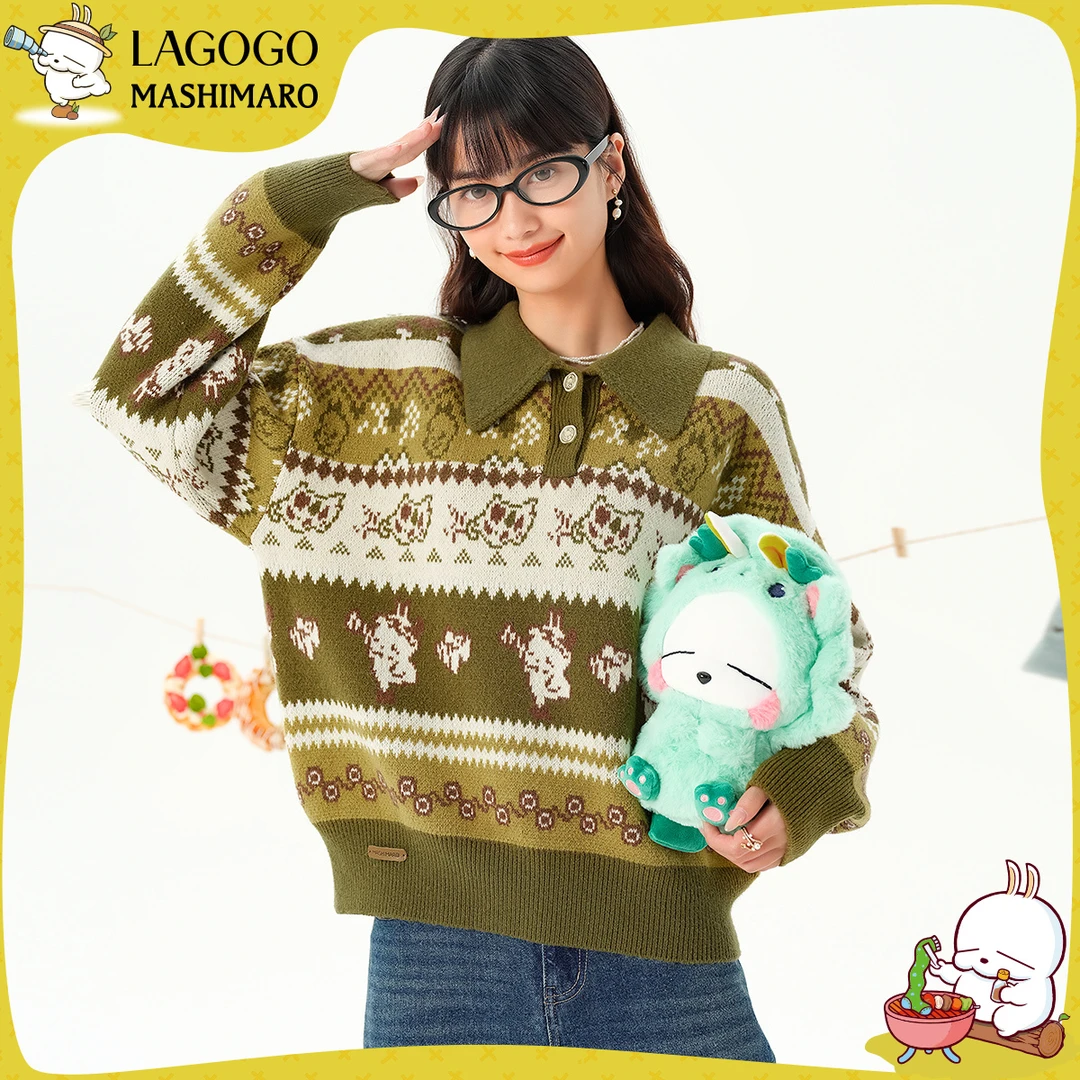 lagogo拉谷谷新款翻领弹力舒适落肩亮丝针织衫女MCMM47YA32