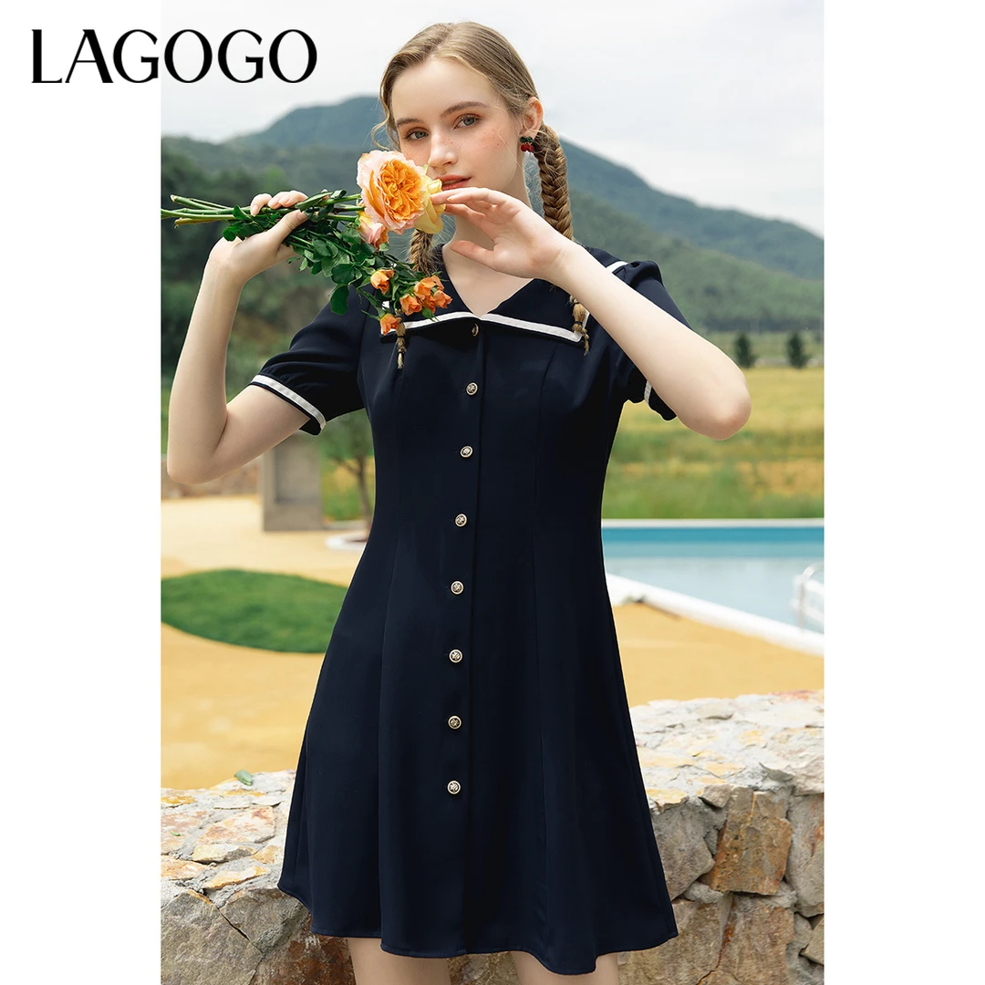 Lagogo拉谷谷夏季新款海军领复古收腰A字裙气质法式LALL334C52