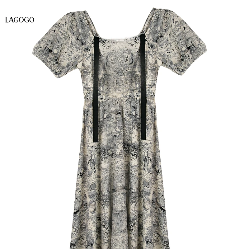 Lagogo/拉谷谷新款国风水墨画显瘦气质女装收腰连衣裙