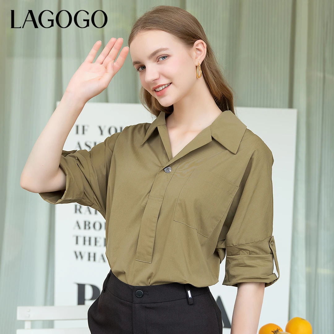 Lagogo新款气质蝙蝠袖复古V领衬衫女MASS538A13
