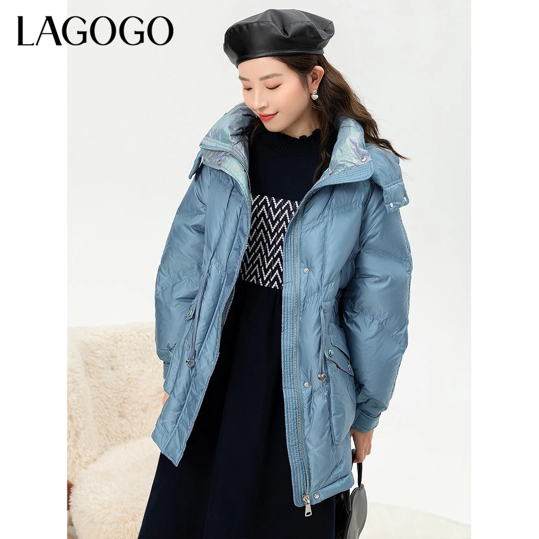 Lagogo拉谷谷冬季新款时尚钴蓝色连帽收腰修身羽绒服女中长款