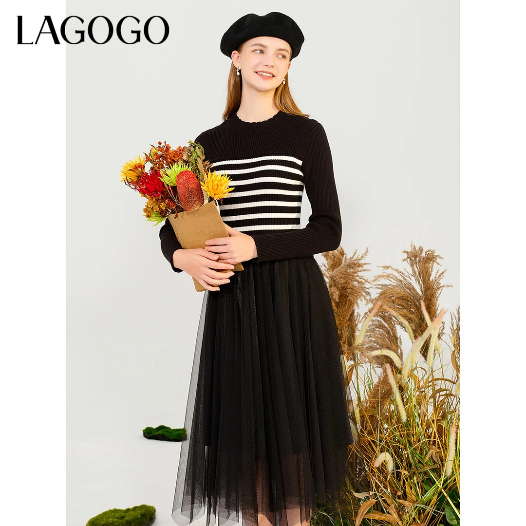 lagogo拉谷谷新款花边领条纹网纱仙气连衣裙女MCLL459F51