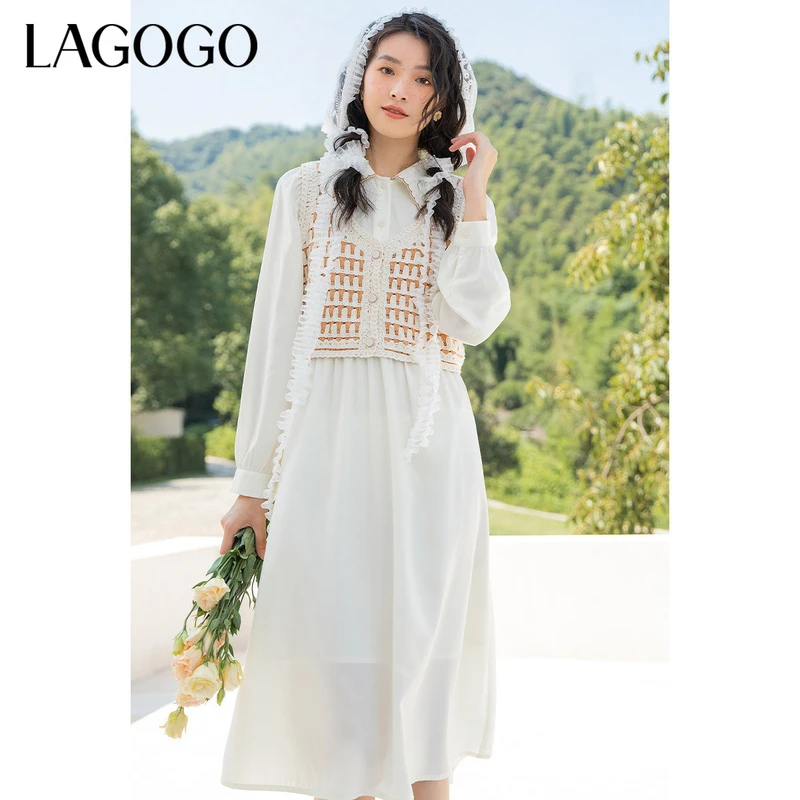 Lagogo新款撞色小马甲方领连衣裙女LCLL837A66气质白色法式长裙