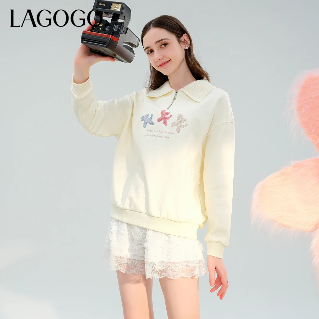 lagogo拉谷谷春季新款立体小狗拼接落肩卫衣女NAEE411C02