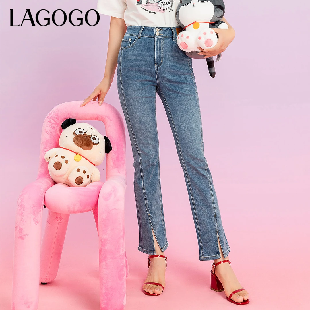 lagogo新款撞色明线开叉弹力牛仔裤女MANN533F71