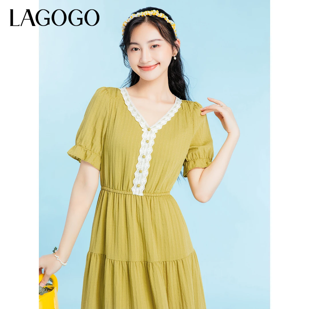 Lagogo新款精致蕾丝复古泡泡袖连衣裙女MALL333C43
