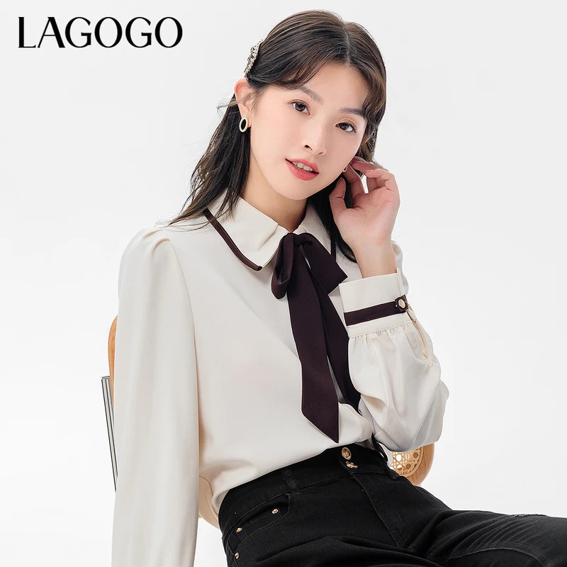Lagogo新款方领撞色系带泡泡袖衬衫女LCCC438C25