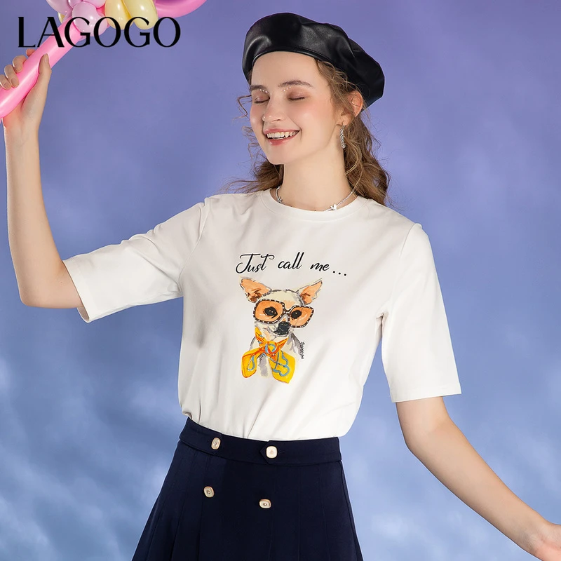 Lagogo新款圆领撞色小狗图案装饰小众T恤夏季女LATT413A08