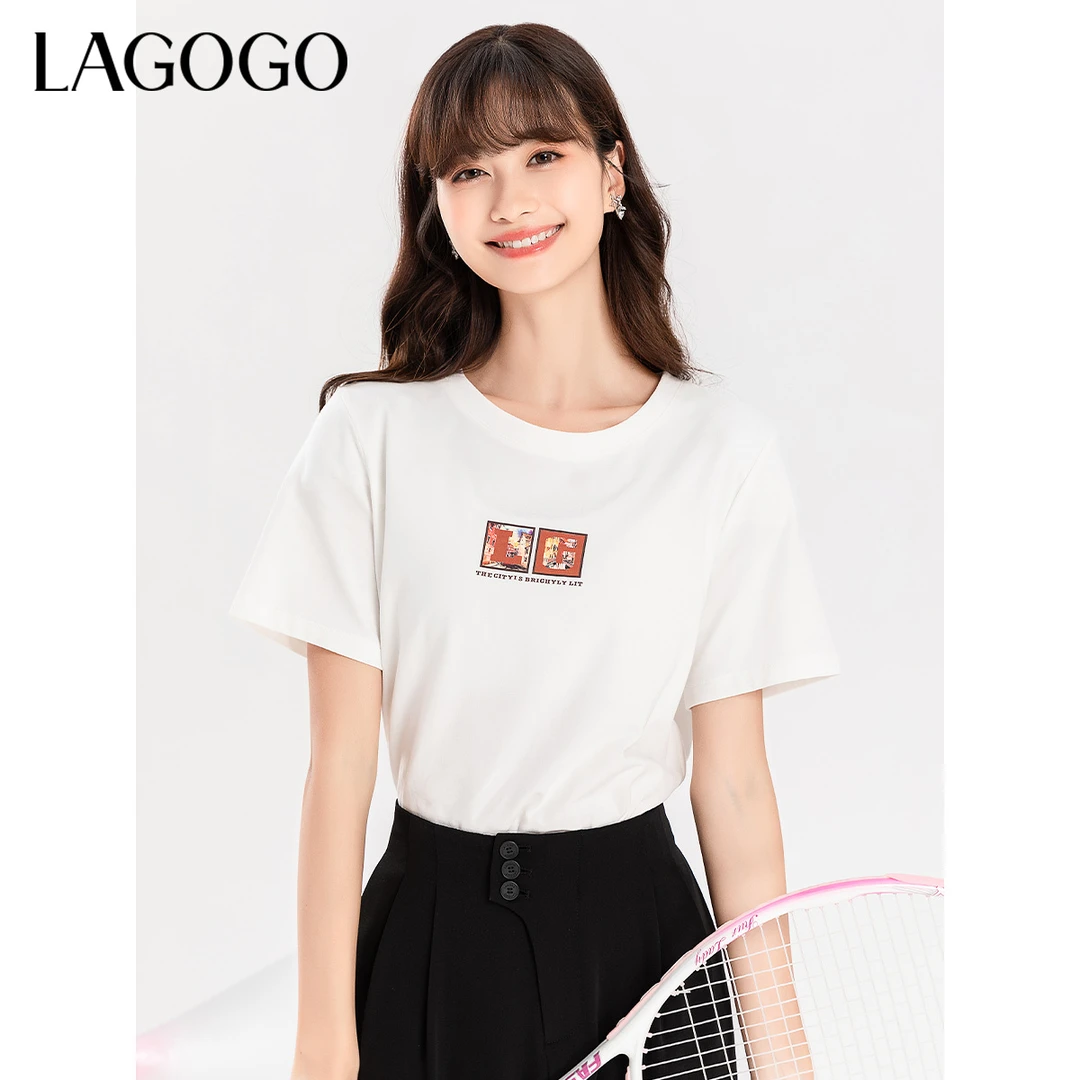 lagogo新款漫画分镜经典圆领小白T女MATT314A05