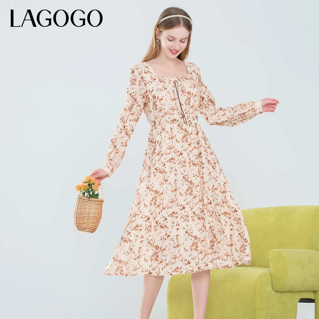 lagogo拉谷谷新款法式方领碎花浪漫中长裙女NALL402Q53
