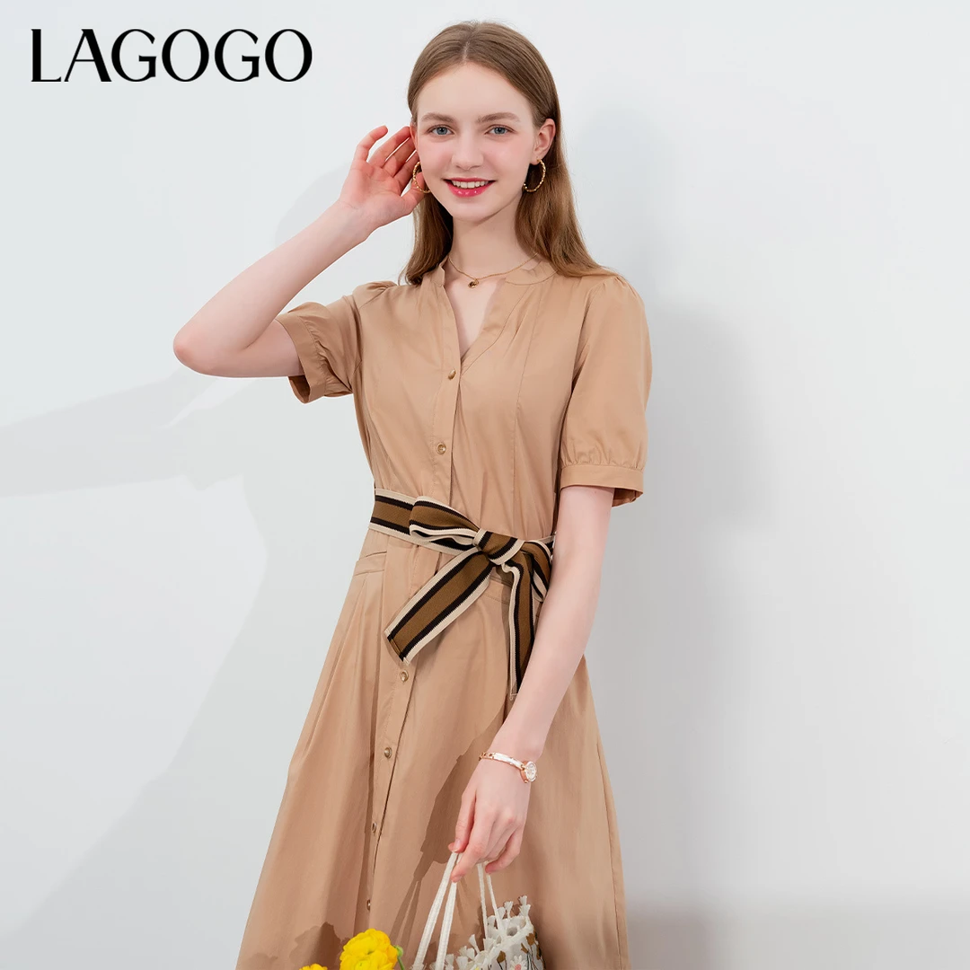 lagogo拉谷谷新款V领气质系带收腰A字裙女NALL334A35