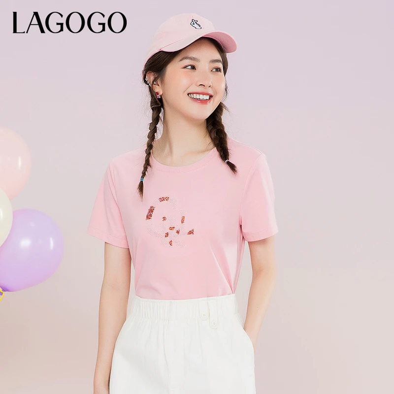 lagogo新款精致钉珠亮片T恤女MATT315A