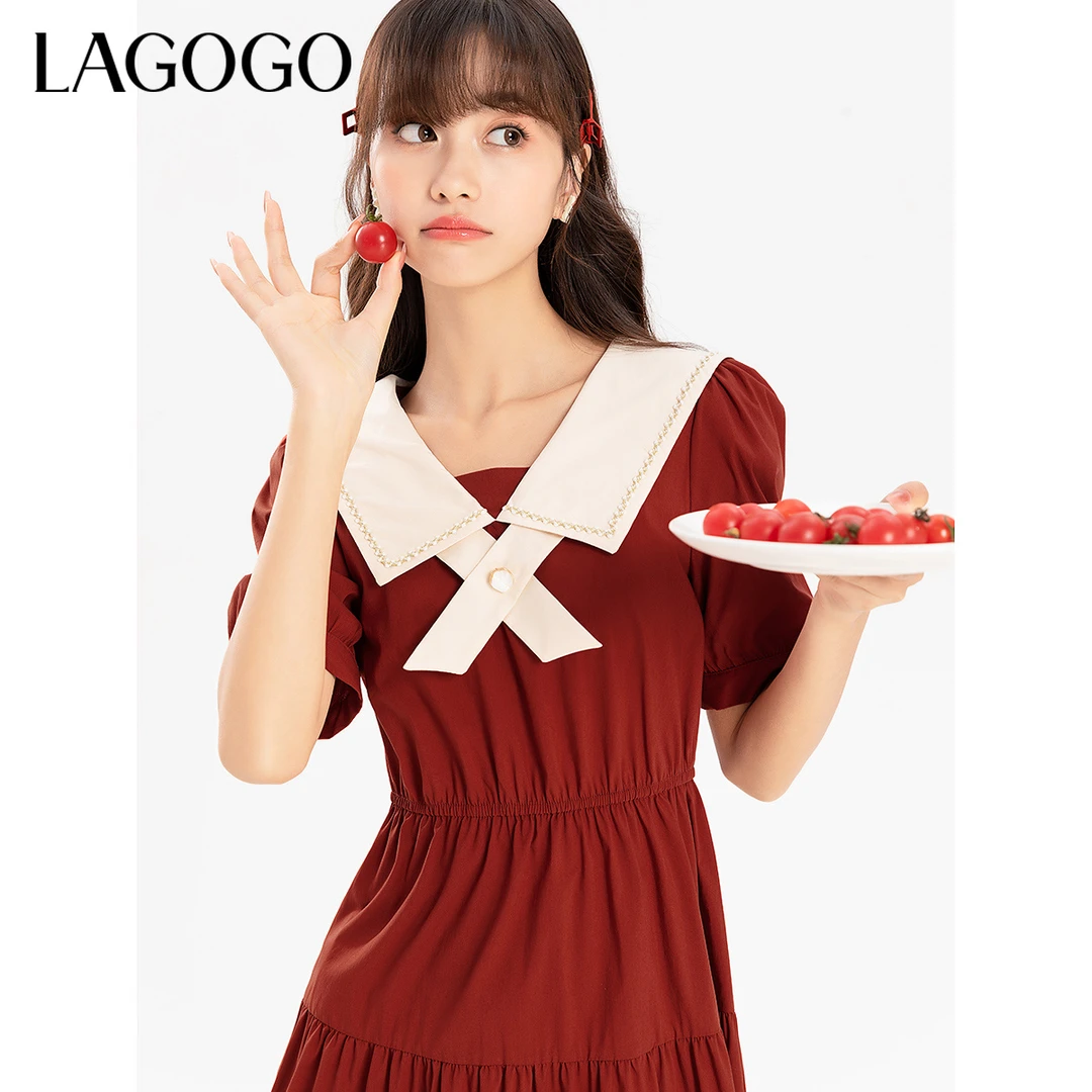 lagogo新款撞色海军领泡泡袖连衣裙女MALL354A42