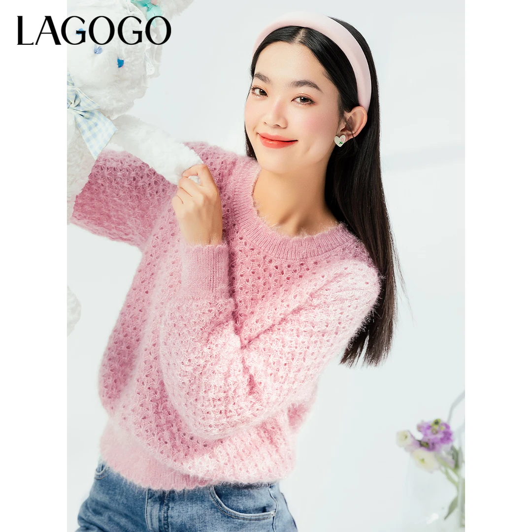 Lagogo新款甜美花边领镂空设计感针织衫女MAMM431A33