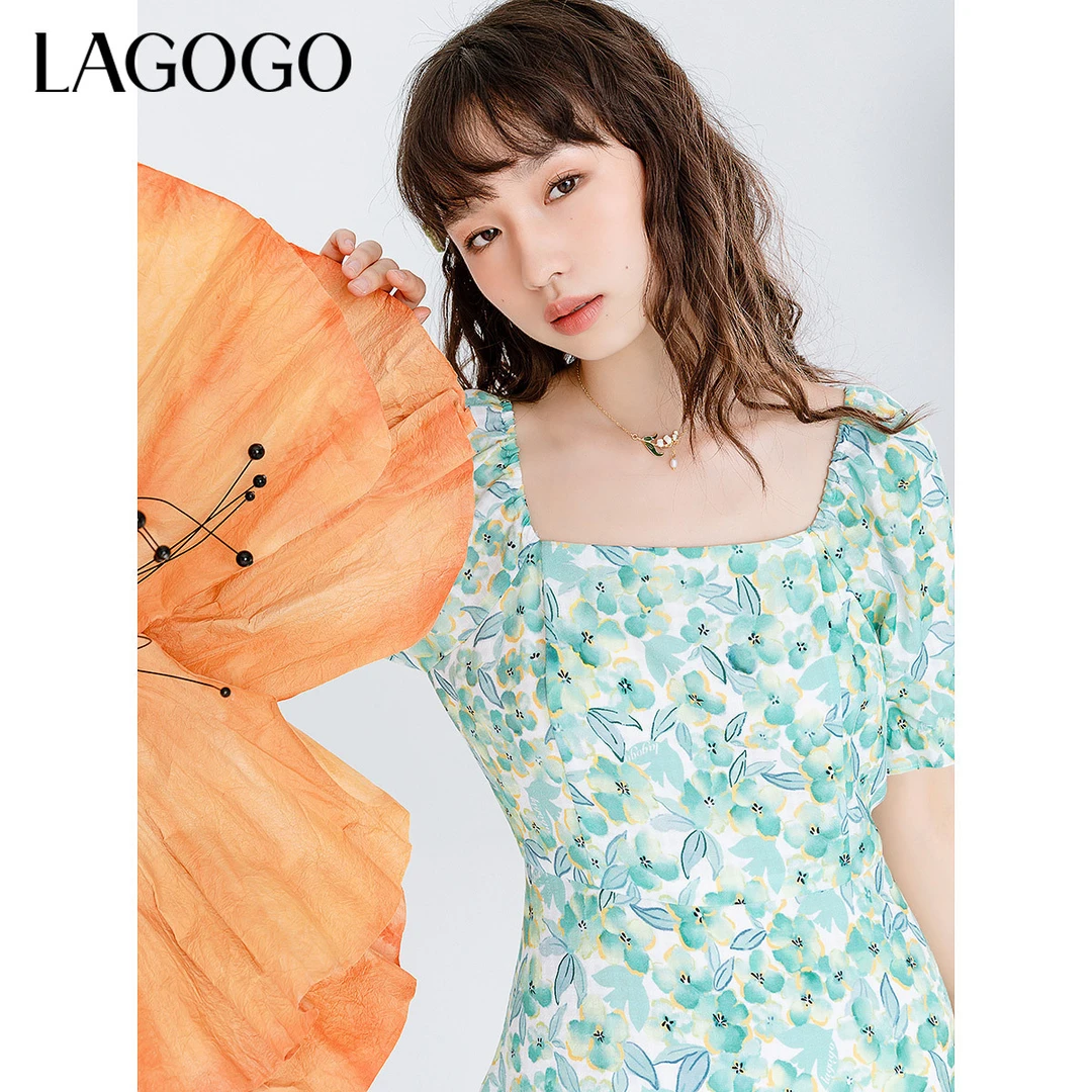 lagogo新款可方可一字领清新碎花裙女MALL303F47