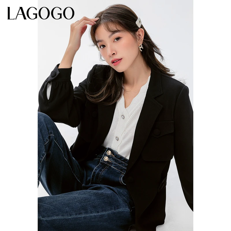 Lagogo新款一粒扣翻盖口袋外套女LCWW538A44上衣西装春秋气质