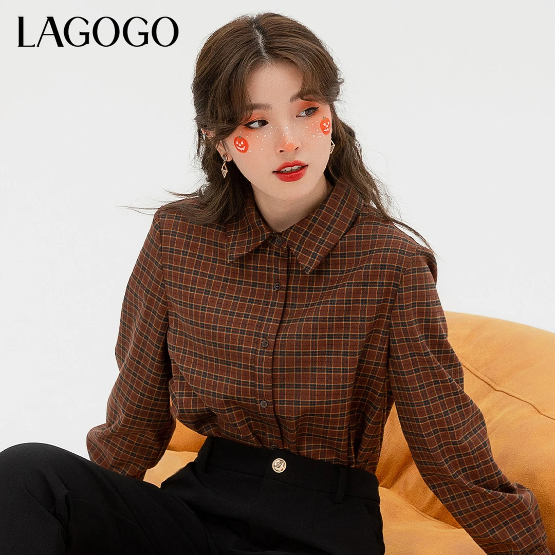 Lagogo新款复古格纹方领气质衬衫女LCCC44XC