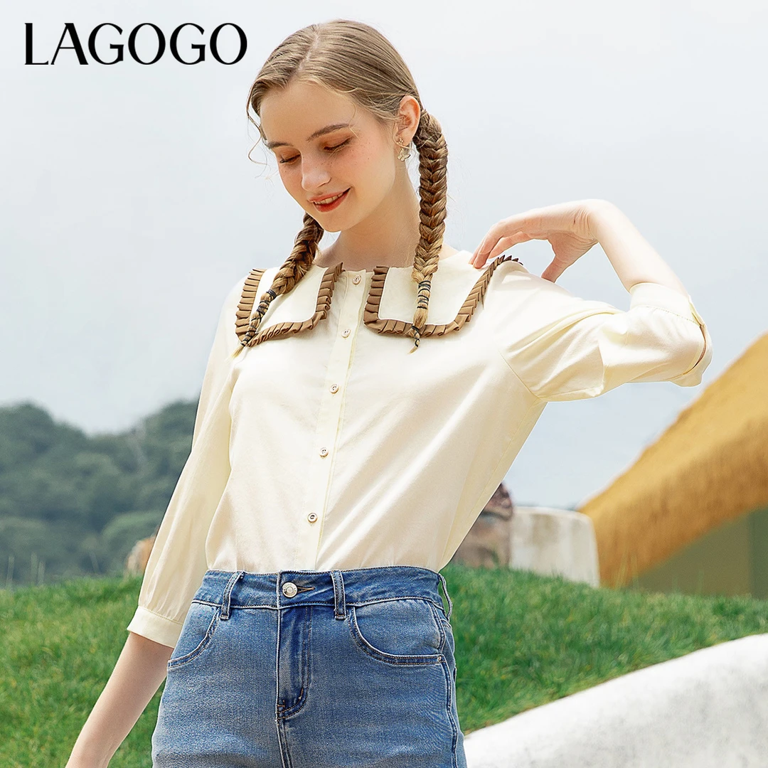 Lagogo拉谷谷夏季新款海军领泡泡七分袖米色衬衫女高级简约