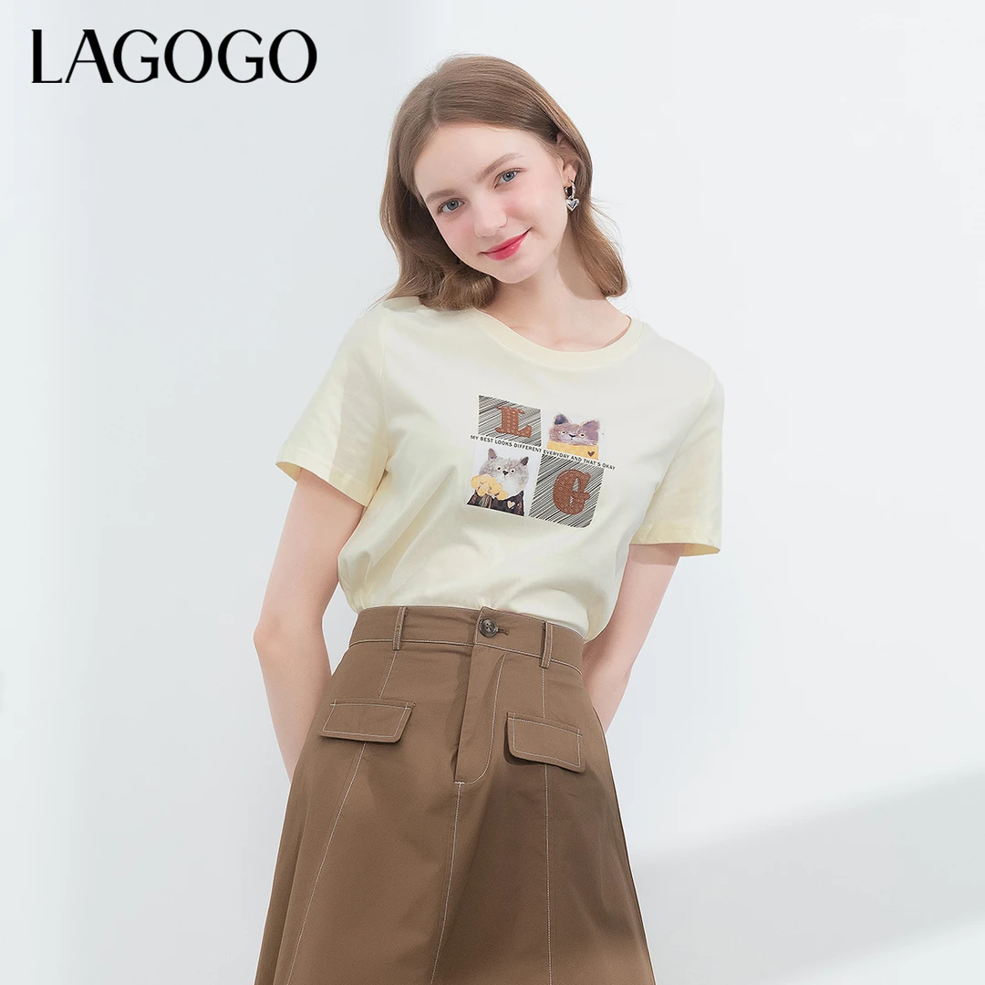 lagogo拉谷谷新款可爱猫猫亮片舒适全棉T恤女NATT314A04