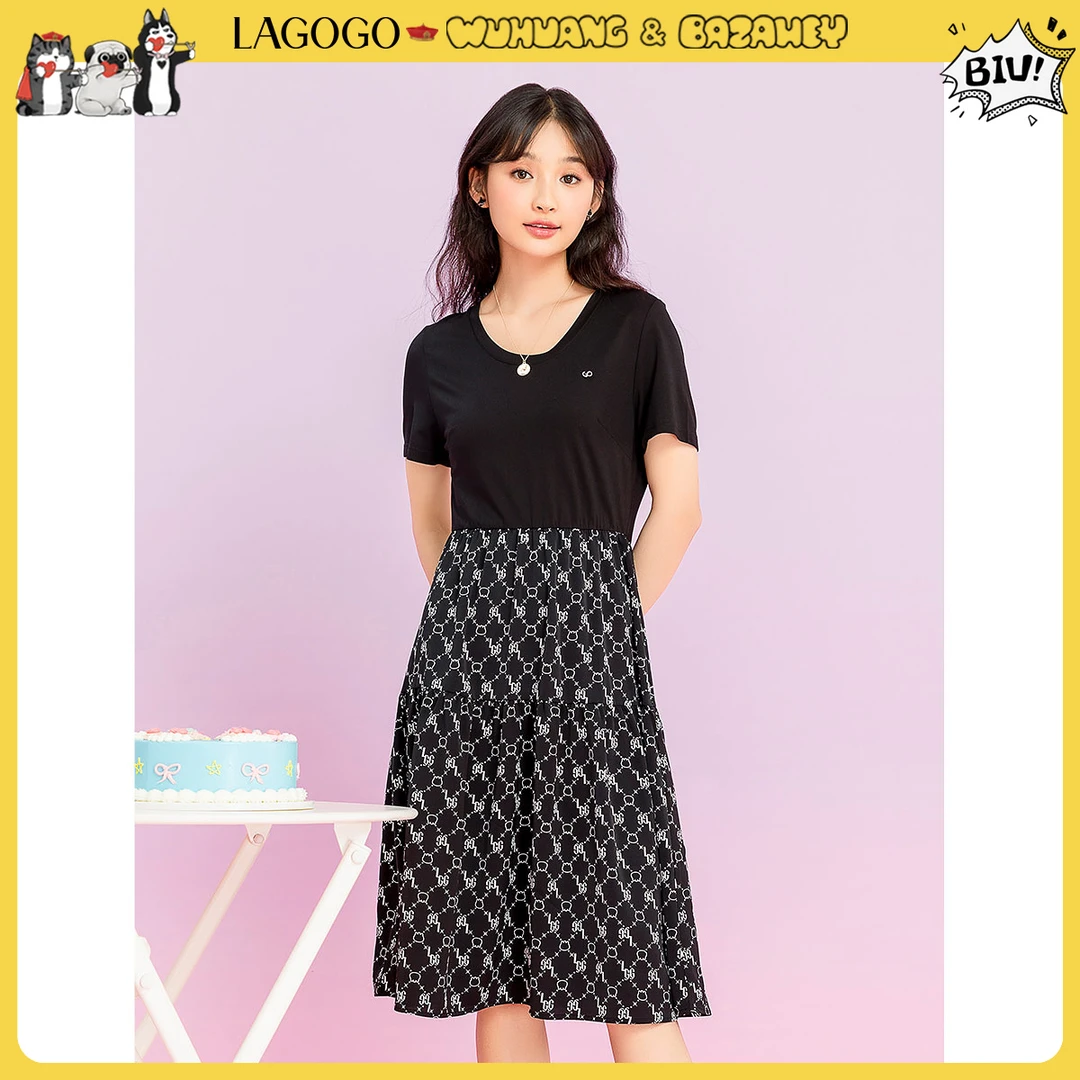 lagogo新款可爱猫咪拼接显瘦连衣裙女MALL354A50