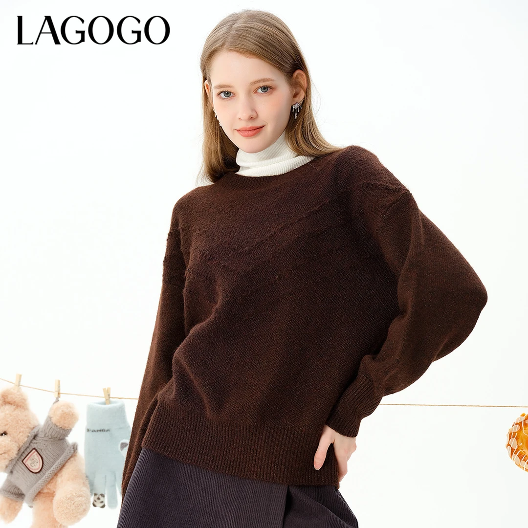 lagogo拉谷谷新款亮丝慵懒落肩袖舒适针织衫女MCMM43XF34