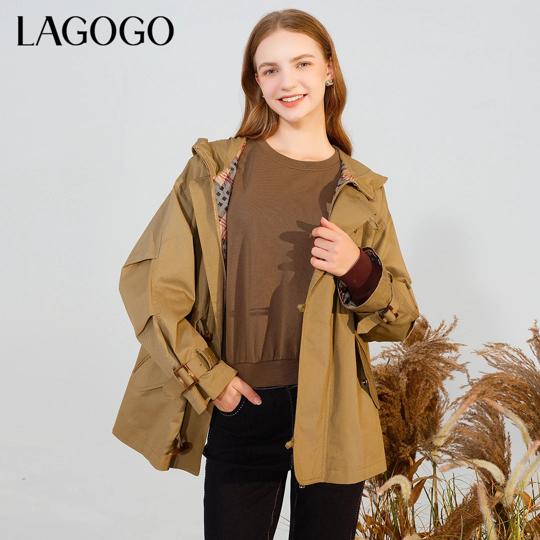 lagogo拉谷谷新款经典气质牛角扣全棉风衣女MCFF239C41