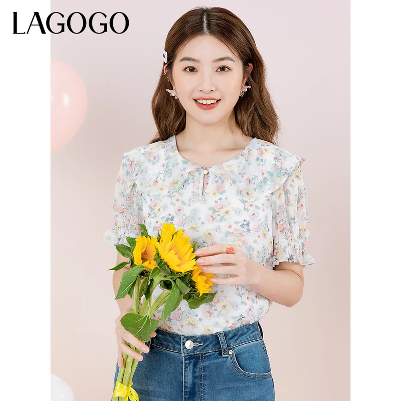 lagogo新款甜美娃娃领系带碎花雪纺衫女MASS305A15