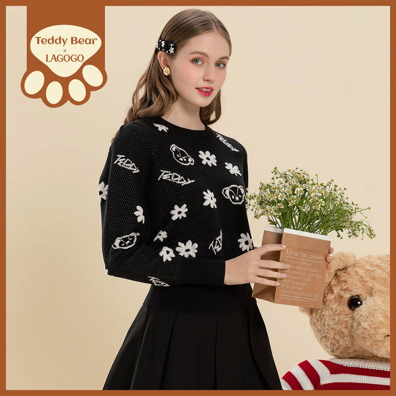 Lagogo新款元气花朵泰迪熊泡泡袖针织衫女LCMM47XA31长袖针织衫