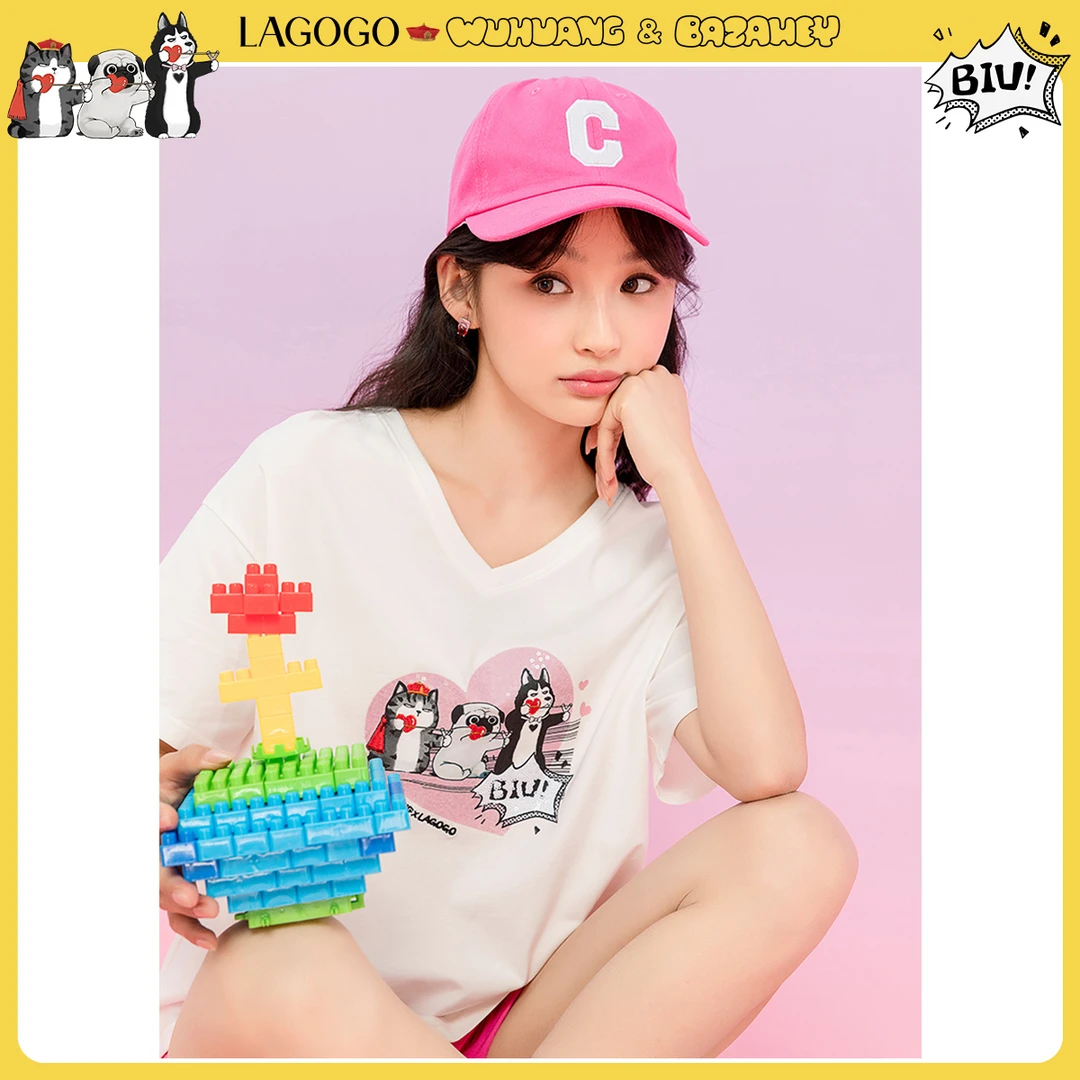 lagogo新款吾皇猫联名落肩袖夏季T恤女MATT314A07