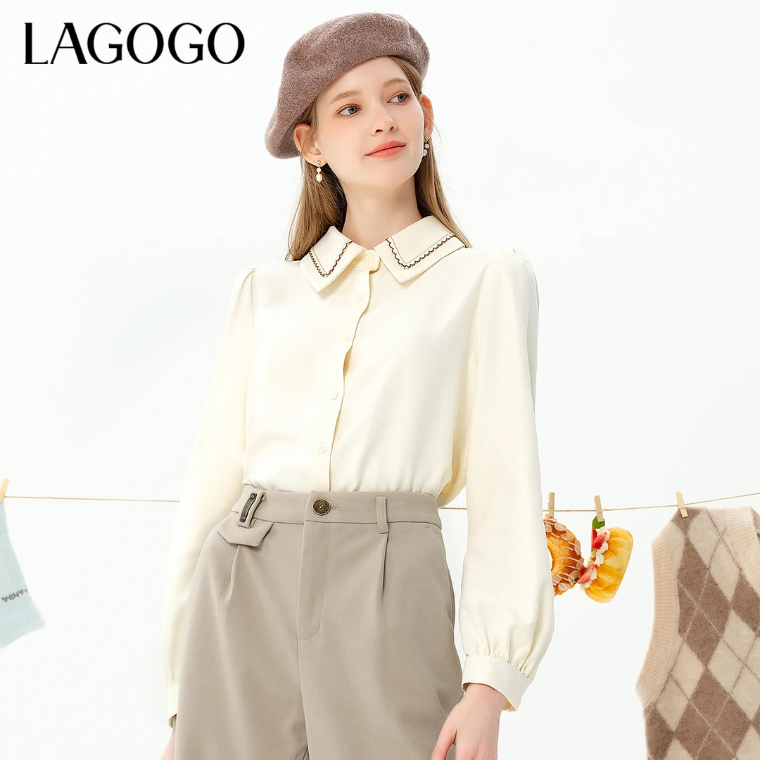 lagogo拉谷谷新款刺绣花边泡泡袖温柔衬衫女MCCC43XC23