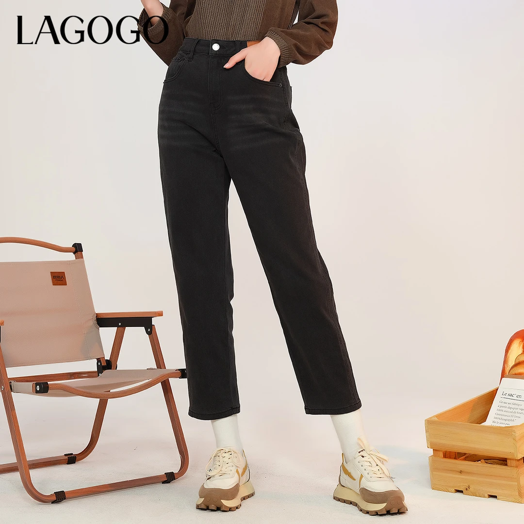 lagogo拉谷谷新款弹力舒适高腰百搭牛仔裤女MCNN53XA94