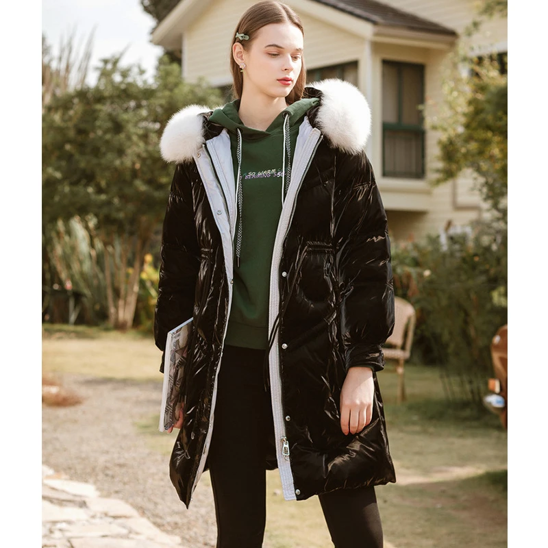 Lagogo/拉谷谷同款三防面料狐狸毛领羽绒服黑色KCYY33XD78时尚