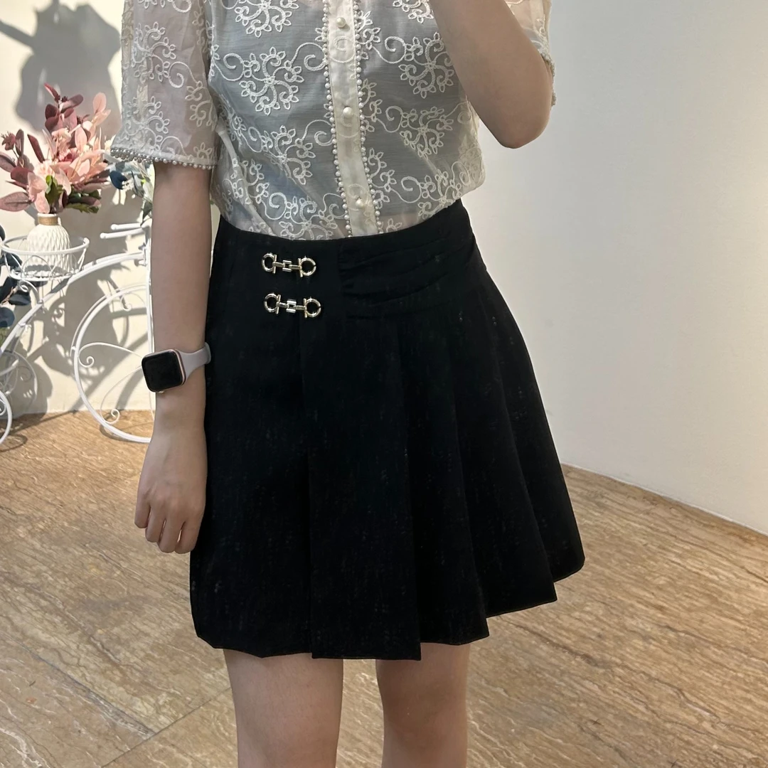 Lagogo半身裙时尚百搭高腰时尚百搭显瘦蕾丝黑色半裙LABB135N86