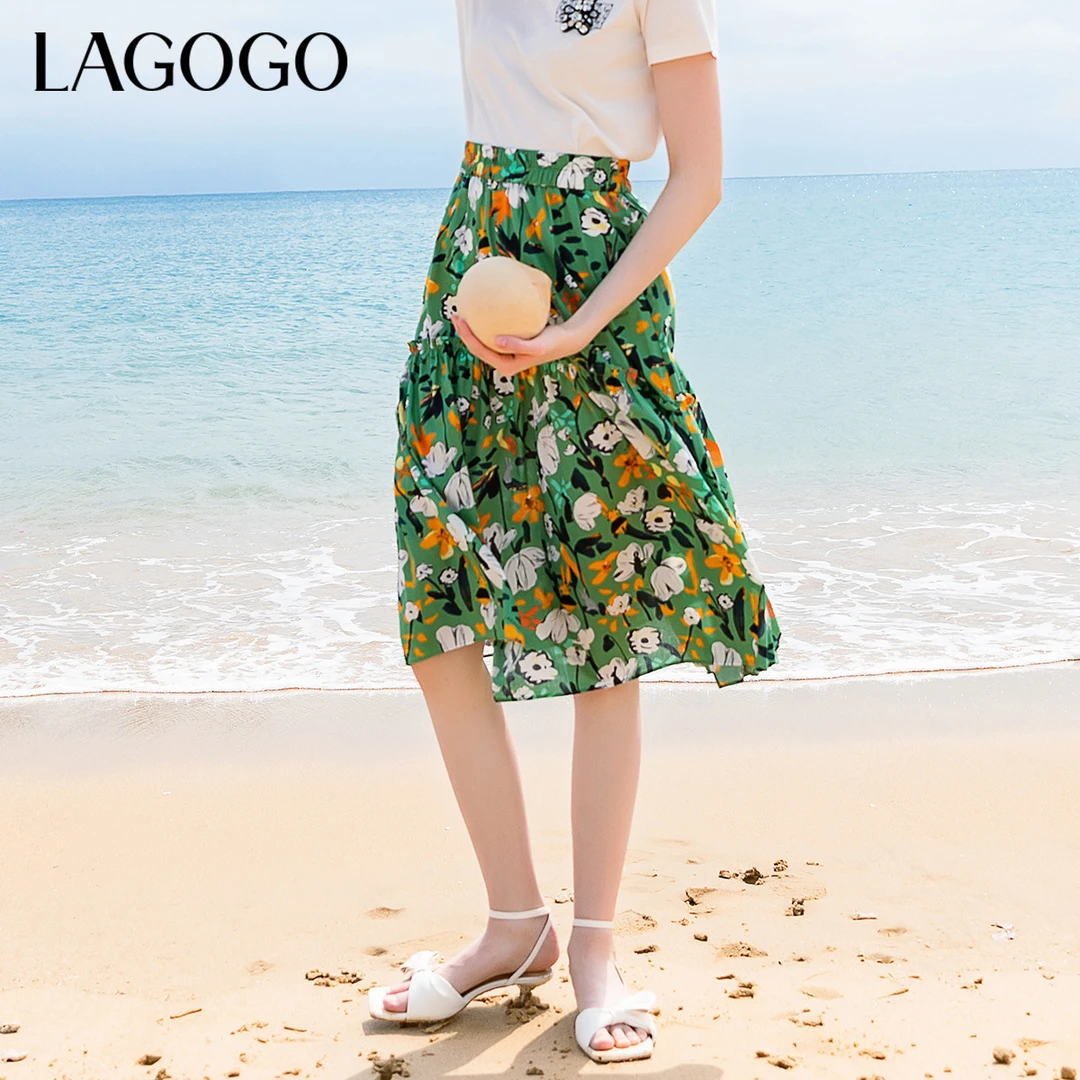 Lagogo新款松紧高腰兔兔花卉图案半身裙女MABB203A51