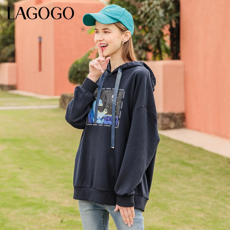 Lagogo新款连帽抽绳撞色图案装饰卫衣女LALL412C53慵懒风卫衣春秋