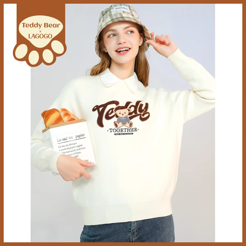 lagogo新款软糯百搭可爱泰迪熊针织衫女MCMM419C26