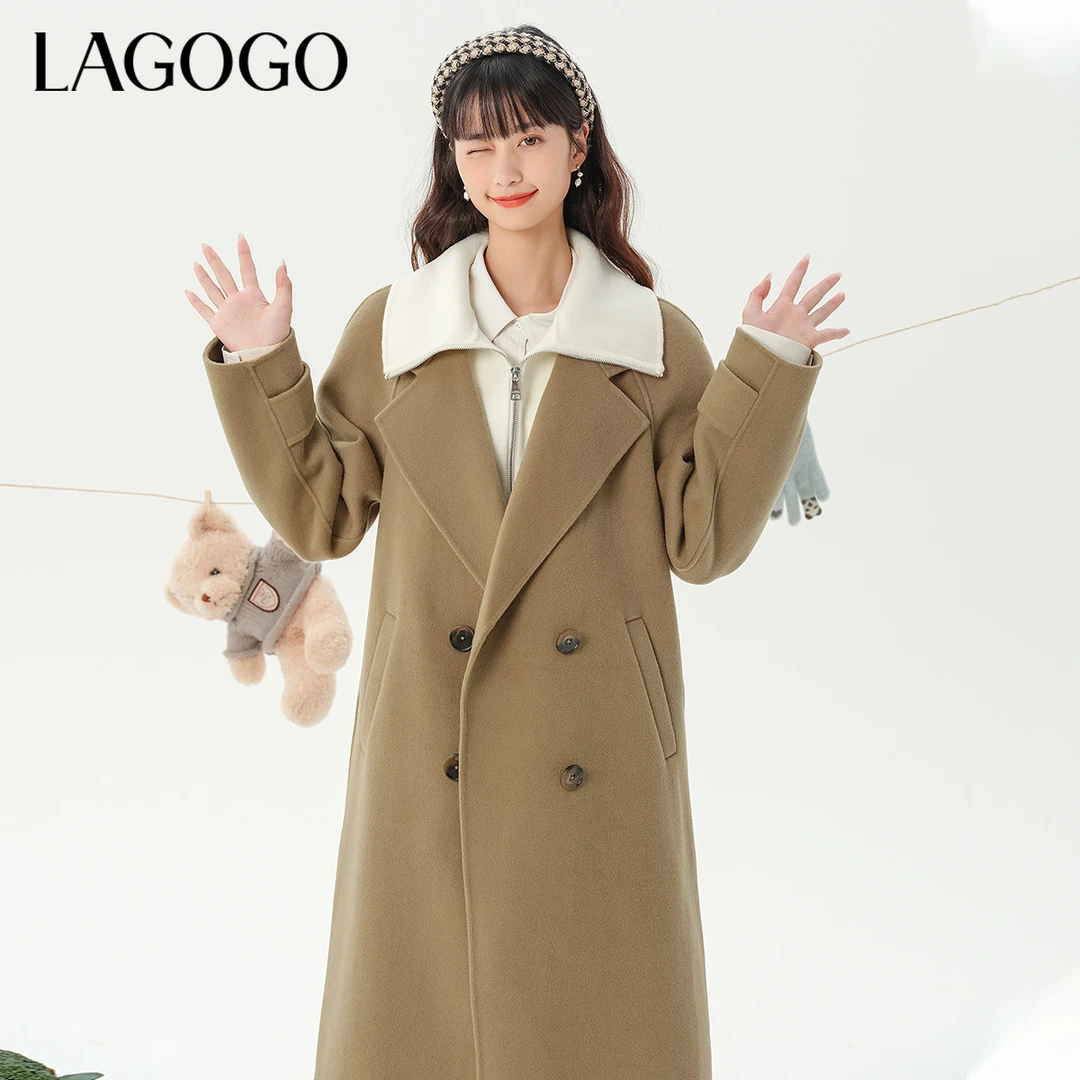 lagogo拉谷谷新款翻领精致挺括手工双面呢外套女MCDD33XC63
