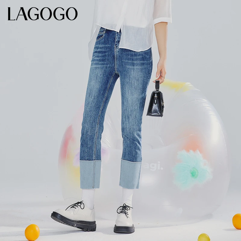 lagogo新款高腰弹力舒适翻边牛仔裤女MANN434F71