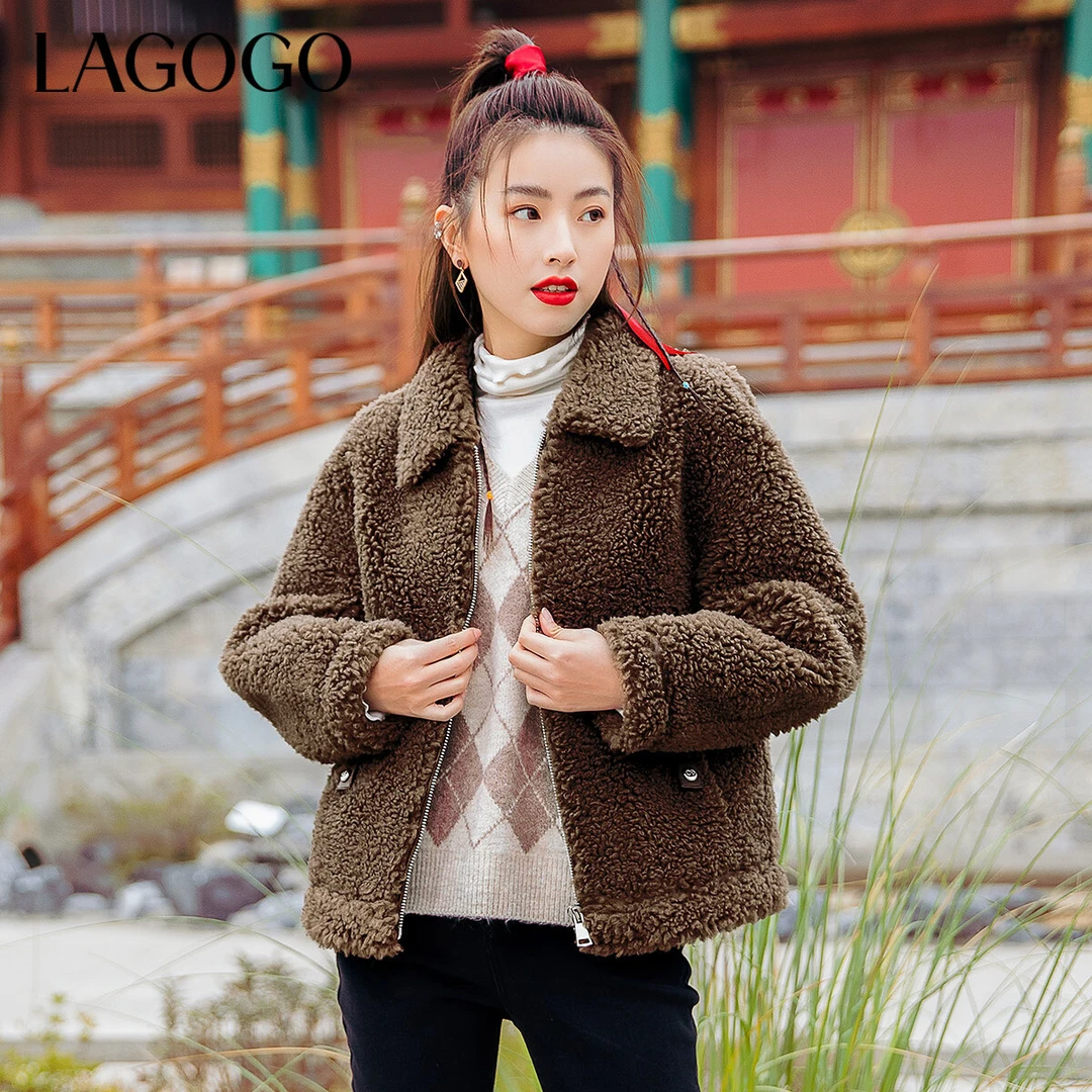 Lagogo新款可爱仿羊羔绒舒适宽松短外套女LCWW53YC43短款