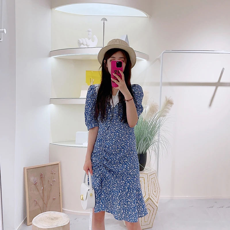 Lagogo/拉谷谷春夏超显瘦连衣裙碎花泡泡袖连衣裙复古减龄连衣裙