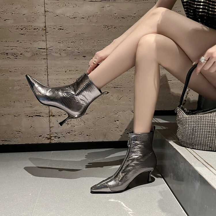 【头层牛皮】6.5cm秋冬气质时尚百搭真皮细跟高跟尖头瘦瘦靴 6023