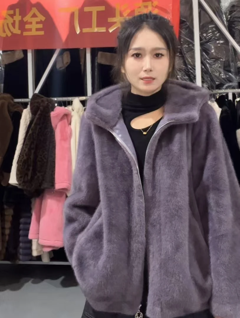 038原创秋冬新款外穿女水貂绒洋气贵妇阔太太高档连帽貂皮大衣