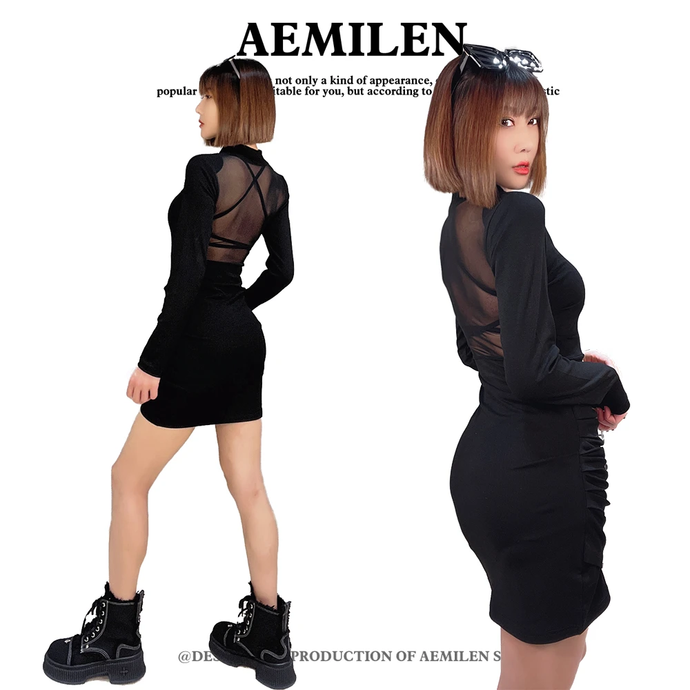 包臀短裙拼接套头长袖连衣裙黑色辣妹连衣裙性感显瘦裙子修身露背