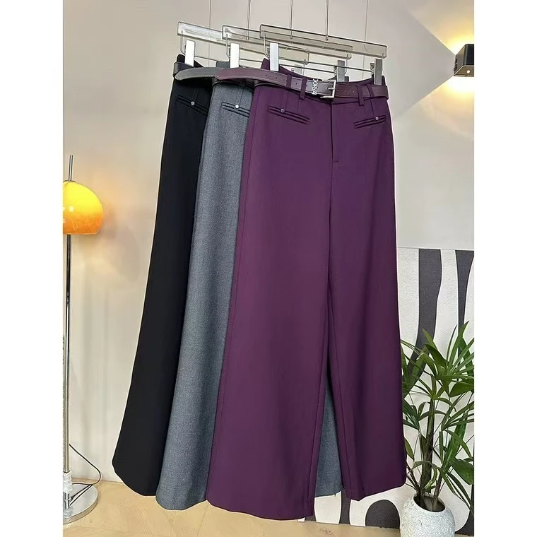 222秋前口袋设计腰带长裤通勤西裤阔腿绵羊毛休闲裤