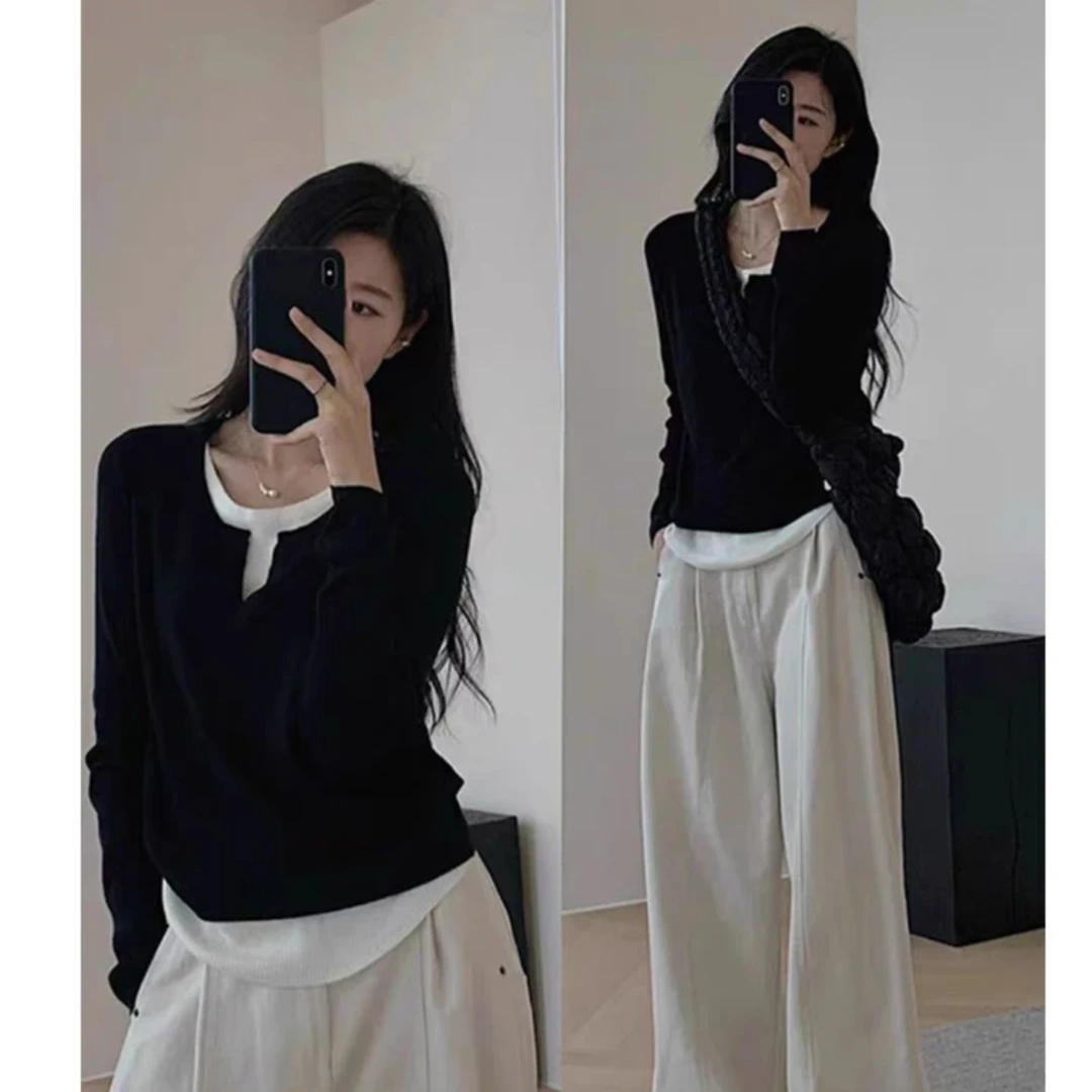 樊范儿2024假两件V领内搭打底衫女秋冬修身长袖针织衫-24579