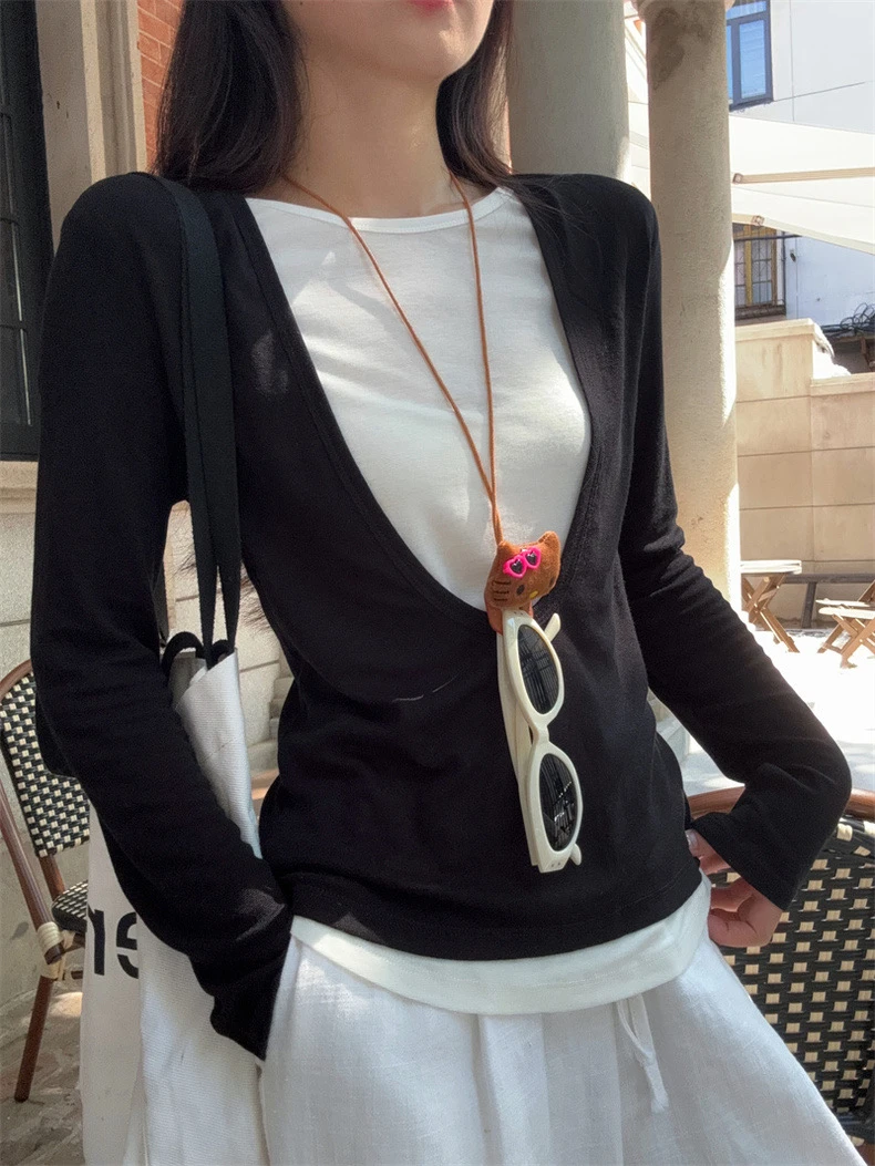 樊范儿2024新款秋季时尚假两件拼接上衣修身百搭简约T恤女-FE453