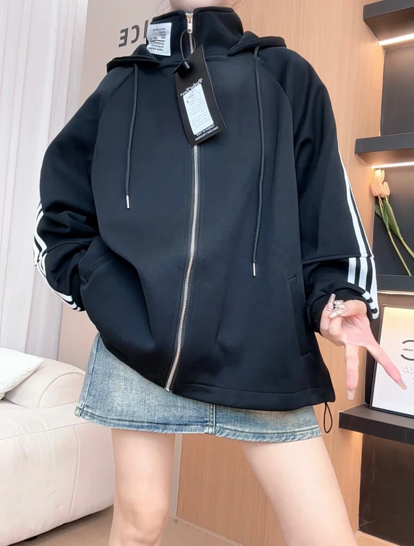 樊范儿2024秋季新款时尚连帽长袖条纹拉袖外套上衣女-24624