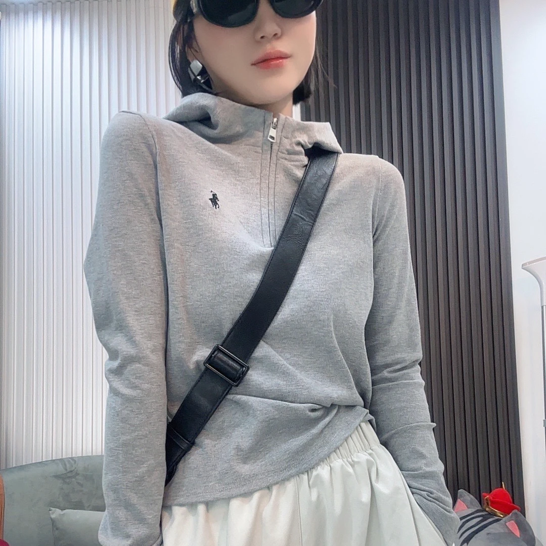 【米咖专属】潮牌纯色半拉链连帽长袖T恤女2024时尚修身上衣-24593